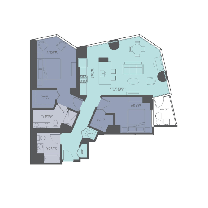 Floor plan for 2 beds, 2 baths, 1227 sqft